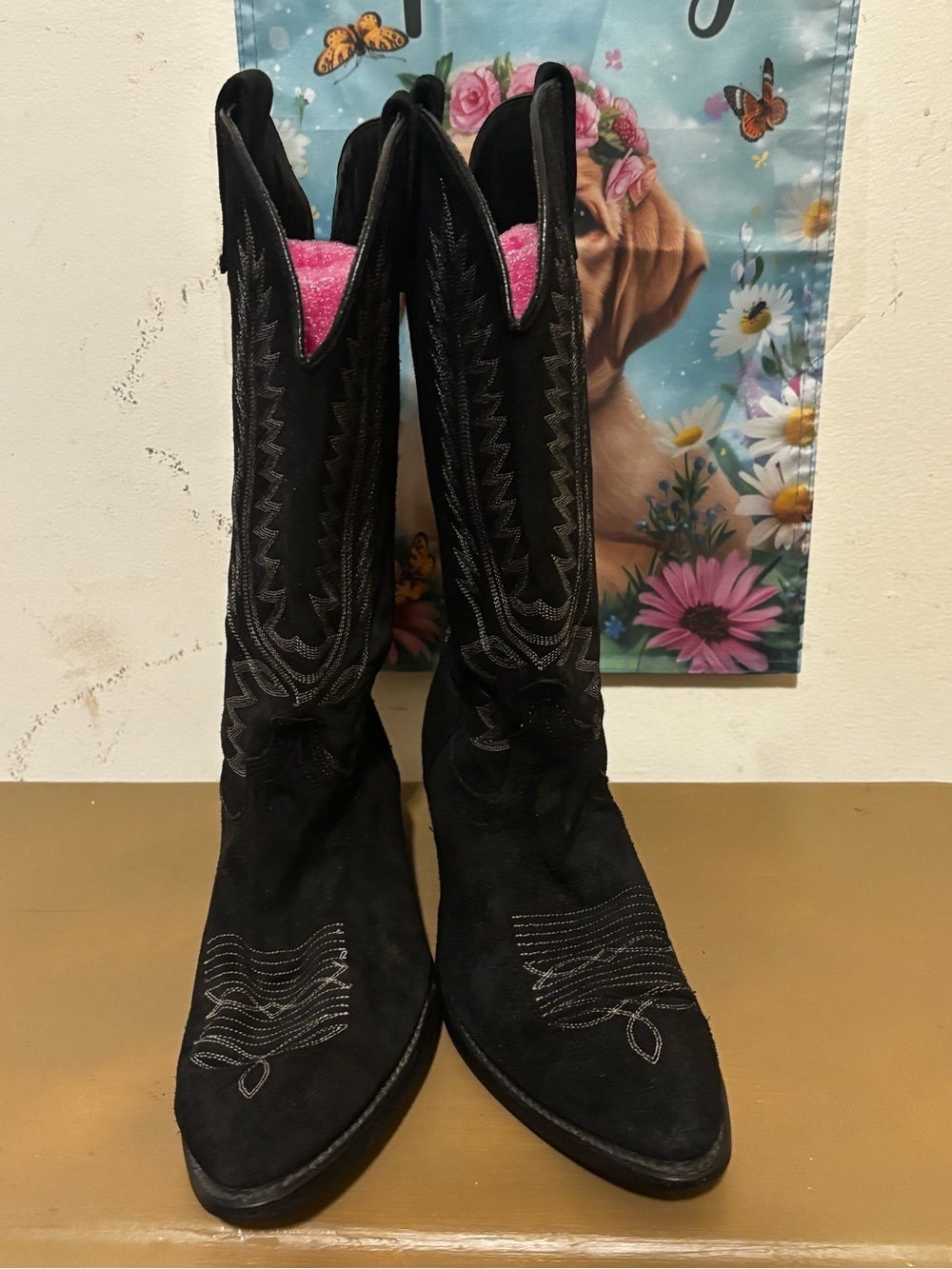 Black Womens Suede Western Boots with Pink Lining